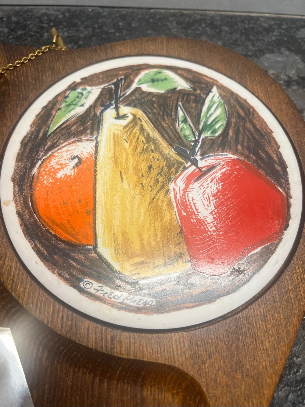 Vintage Wooden Cheese Serving Board with Fruit Tile and Knife - Brown